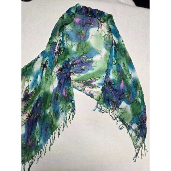Hand-Painted Rayon Scarf Butterfly & Floral Design Green & Blue 60" x 22" - Picture 2 of 6